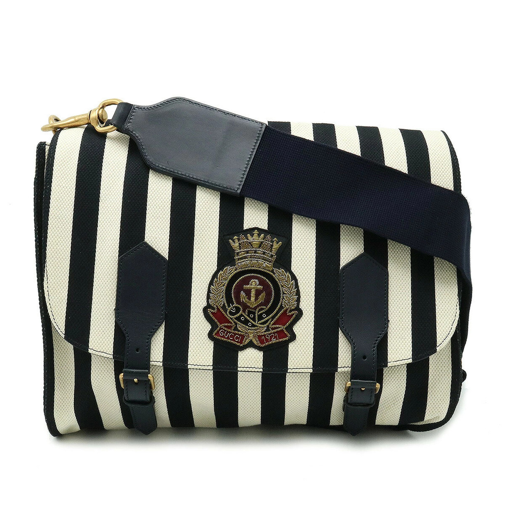 Gucci Marine Blue Stripe Messenger Crossbody Canvas Leather Beige Cream Black